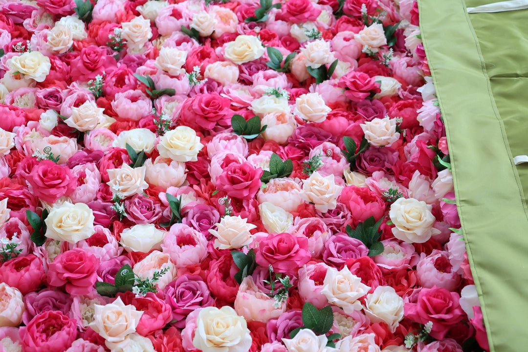 Roses And Peony In Magenta And Pink, 3D, Fabric Backing Artificial Flower Wall