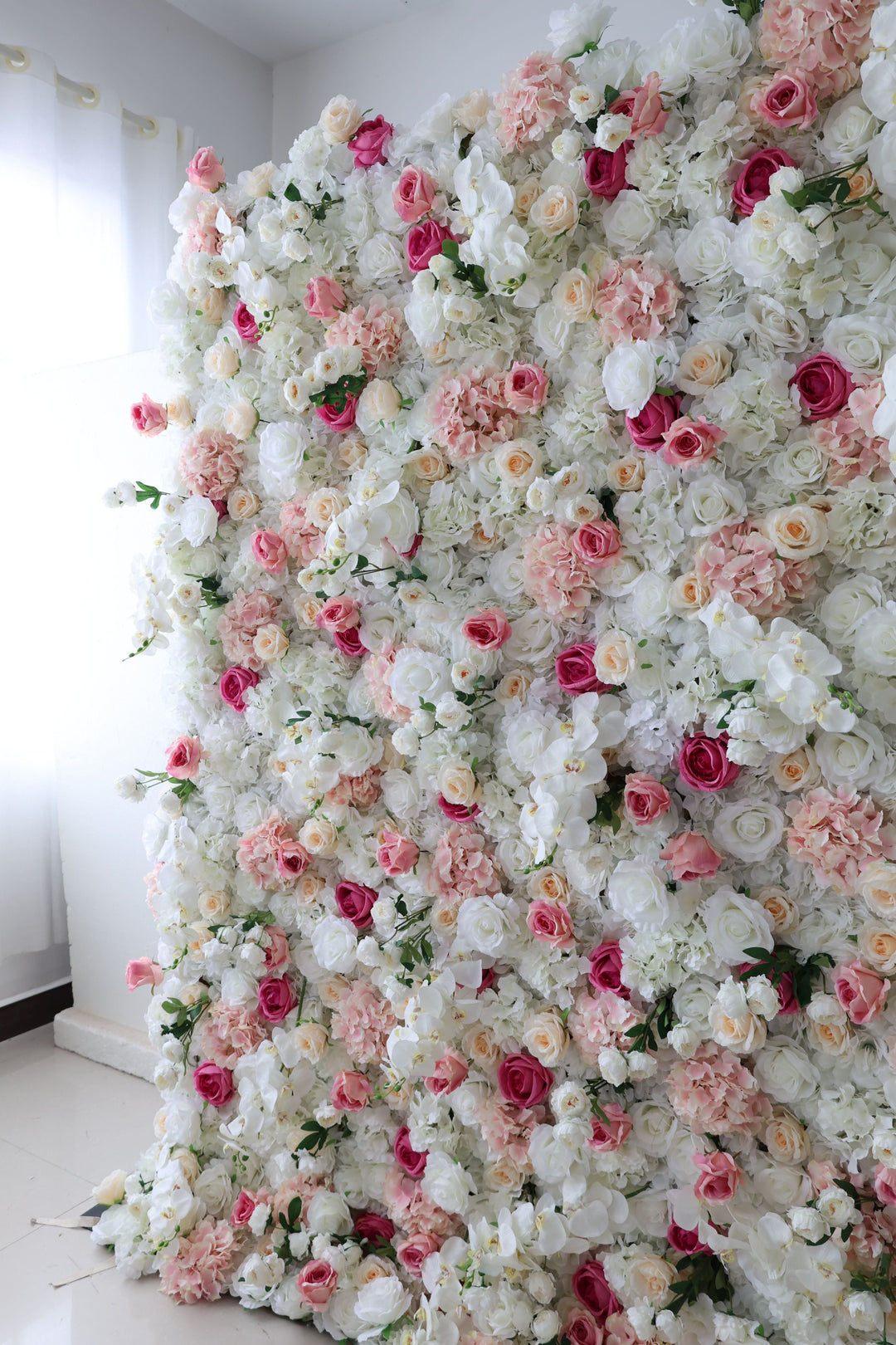 White Roses And Pink Hydrangeas, Artificial Flower Wall Backdrop