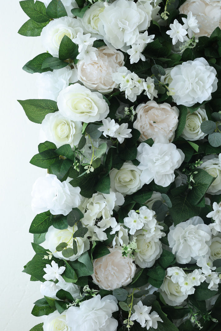 White Roses And Carnation Flowers And Green Leaves, Artificial Flower Wall Backdrop