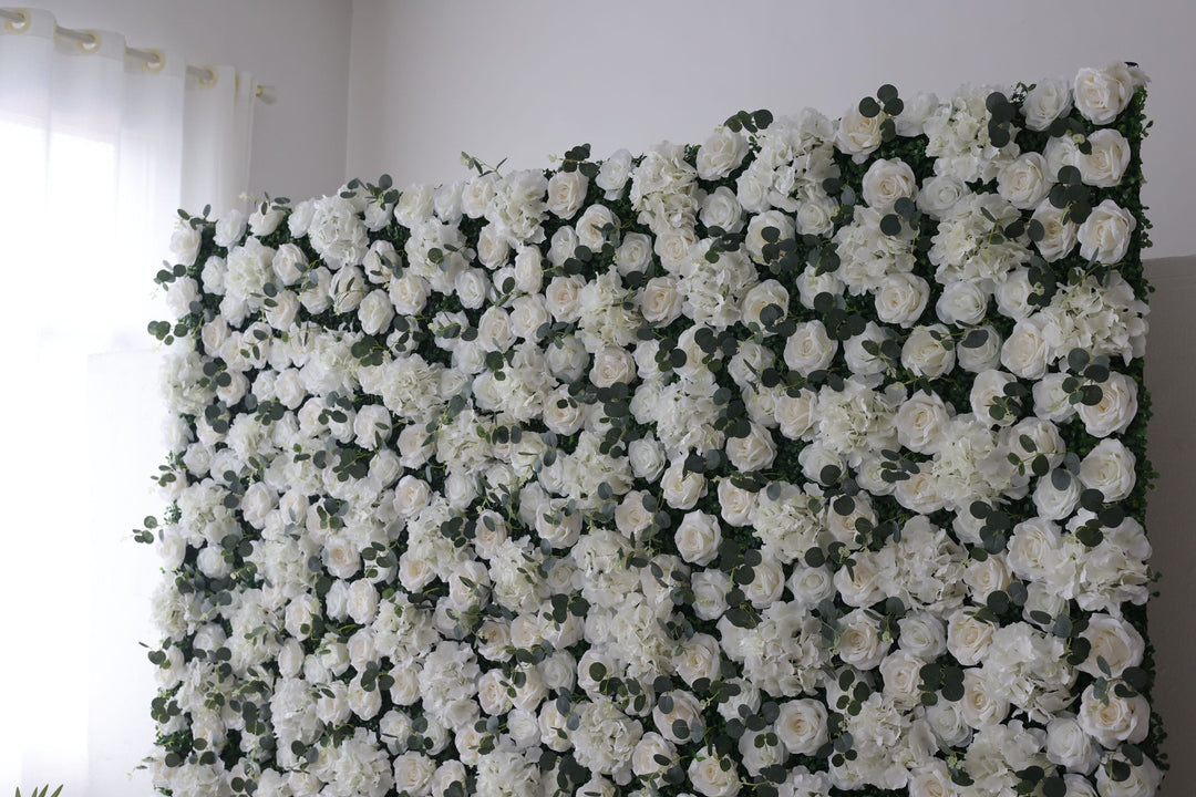 White Roses And Hydrangeas And Green Leaves, Artificial Flower Wall Backdrop