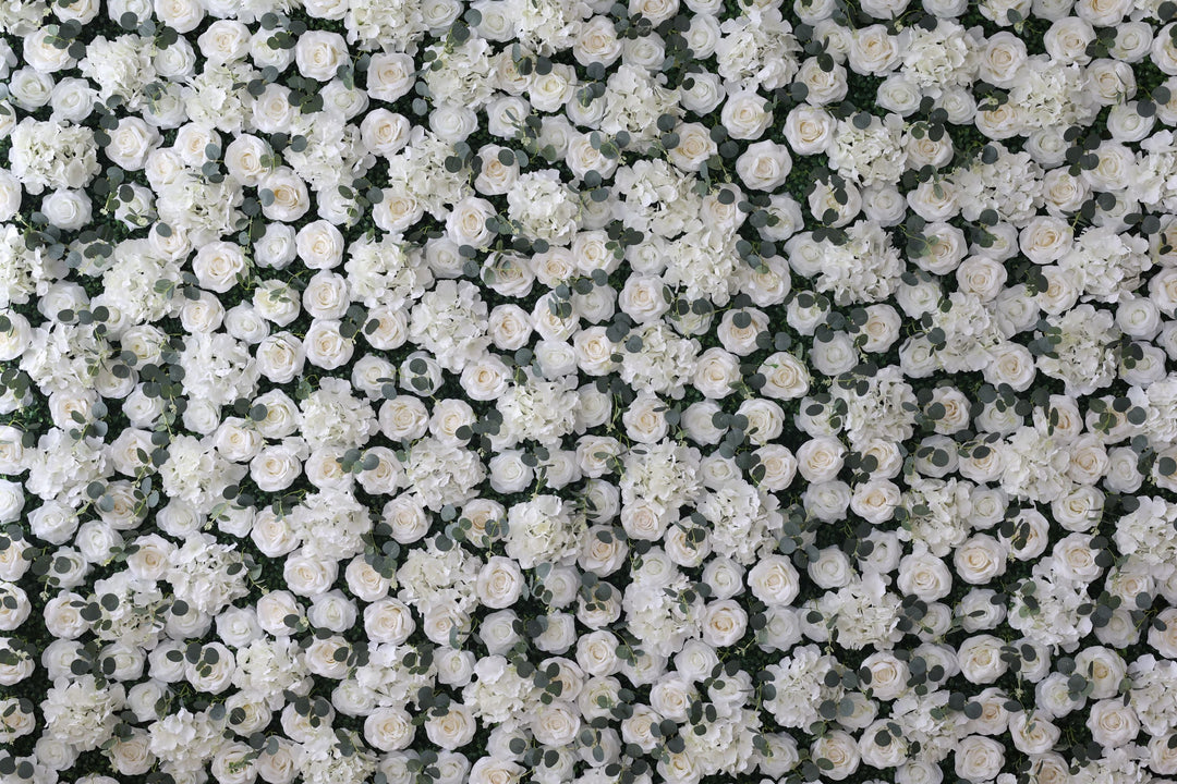 White Roses And Hydrangeas And Green Leaves, Artificial Flower Wall Backdrop