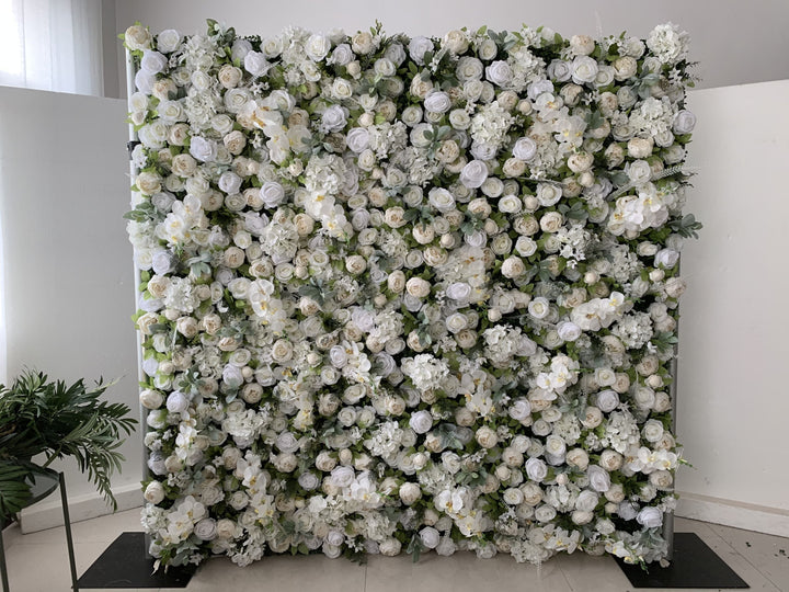 White Roses And Hydrangeas And Green Leaves, Artificial Flower Wall Backdrop
