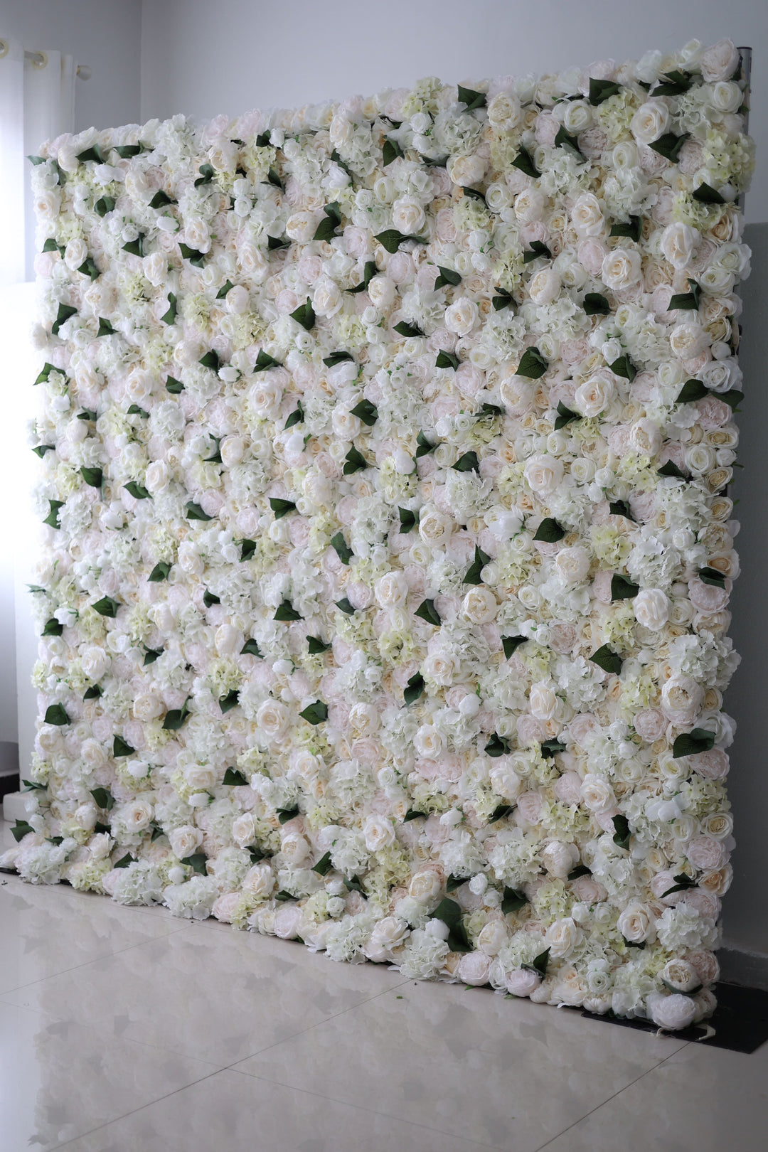 White Roses And Peonies And Hydrangeas And Green Leaves, Artificial Flower Wall Backdrop