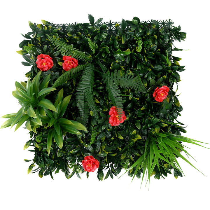 Mixed Plants With Red Rhododendron Artificial Green Wall Panels, Faux Plant Wall