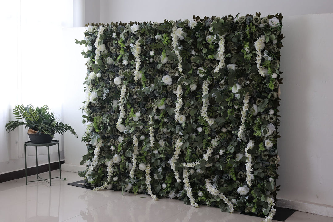 Green Roses And White Peonies And Green Leaves, Artificial Flower Wall Backdrop