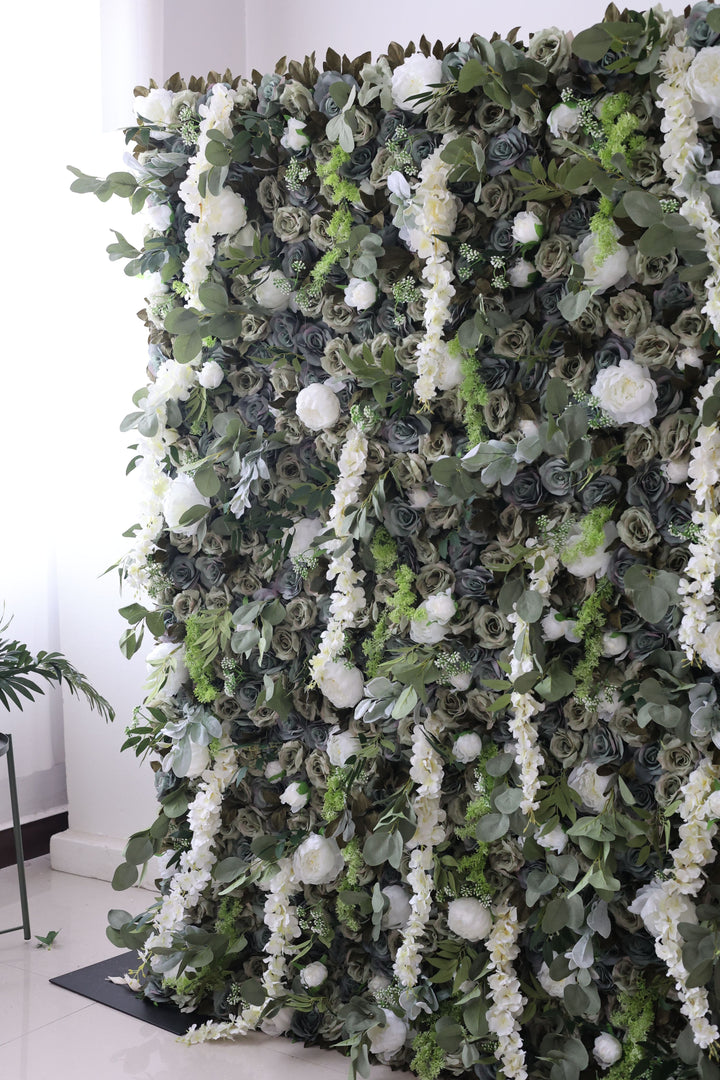 Green Roses And White Peonies And Green Leaves, Artificial Flower Wall Backdrop