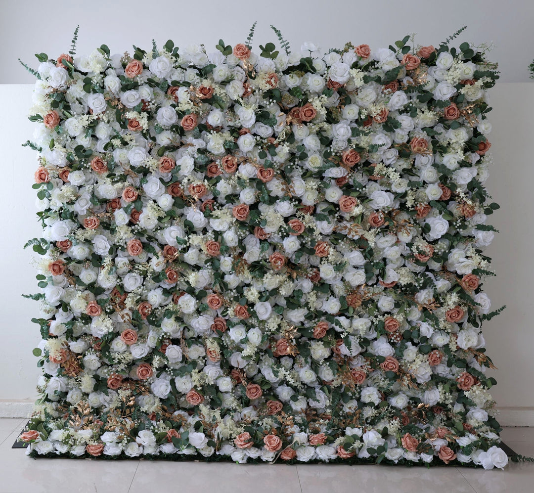 Light Brown And White Roses With Eucalyptus Leaves, 5D, Artificial Flower Wall