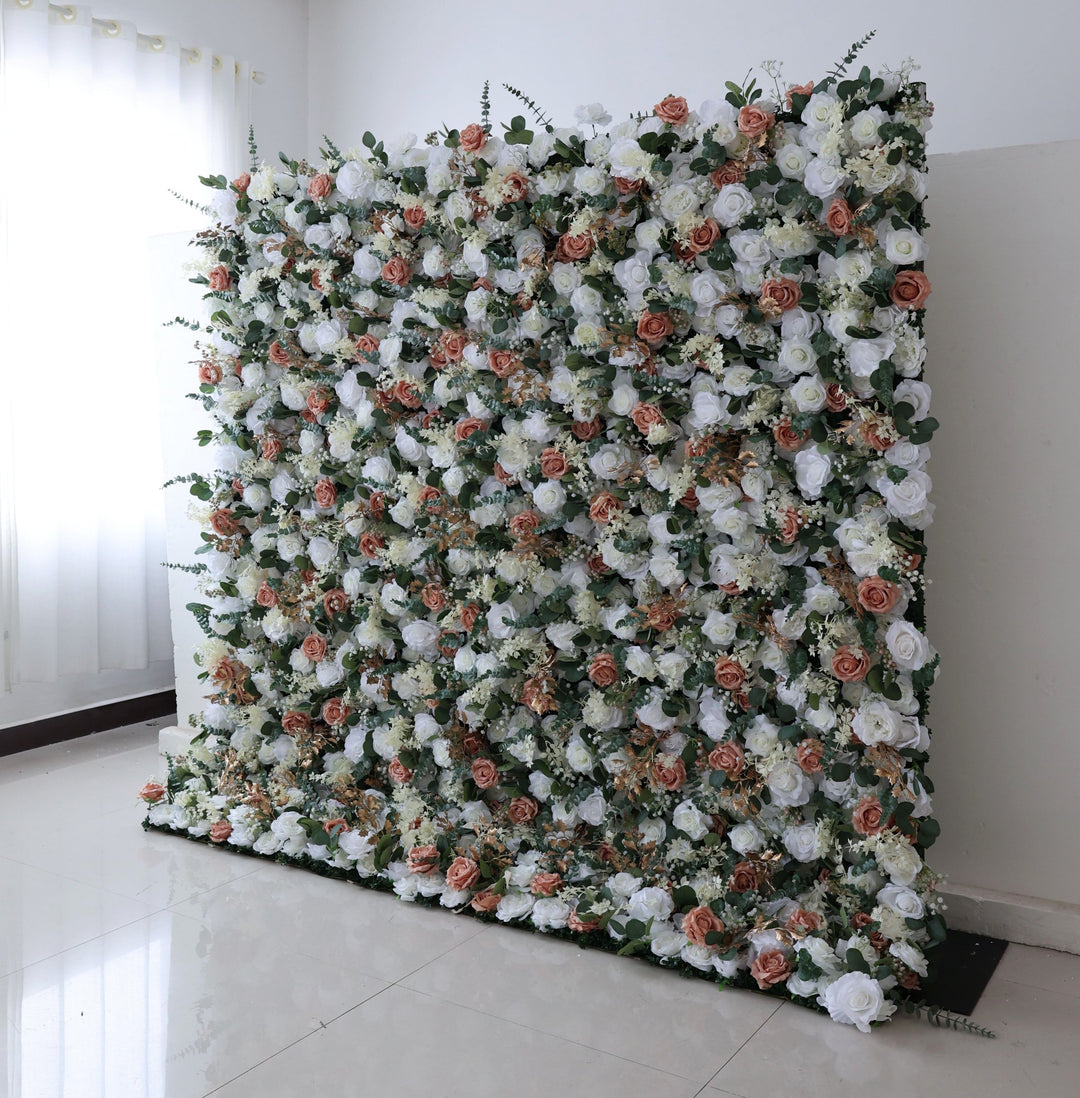 Light Brown And White Roses With Eucalyptus Leaves, 5D, Artificial Flower Wall