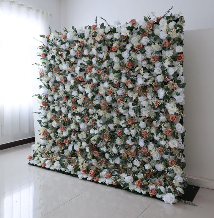 Light Brown And White Roses With Eucalyptus Leaves, 5D, Artificial Flower Wall