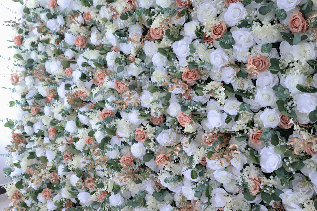 Light Brown And White Roses With Eucalyptus Leaves, 5D, Artificial Flower Wall