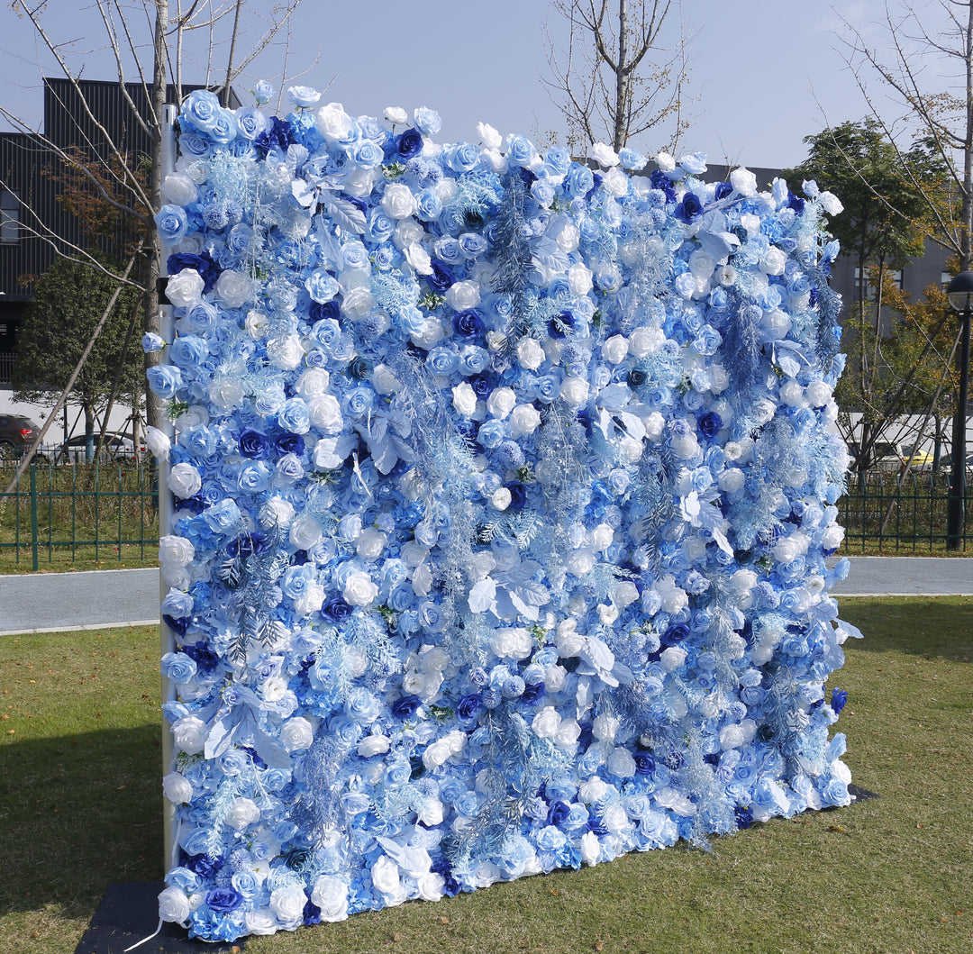 Mixed Flowers In Blue, 5D, Fabric Backing Artificial Flower Wall