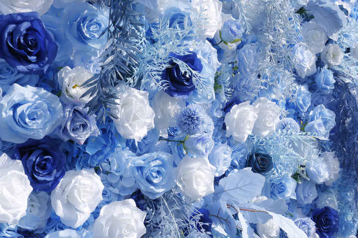 Mixed Flowers In Blue, 5D, Fabric Backing Artificial Flower Wall