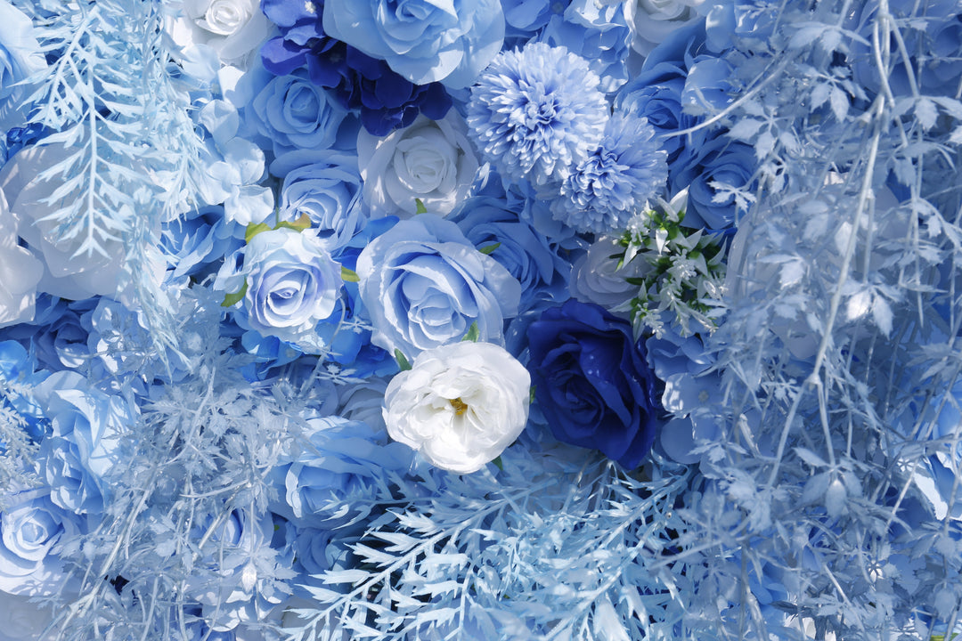 Mixed Flowers In Blue, 5D, Fabric Backing Artificial Flower Wall