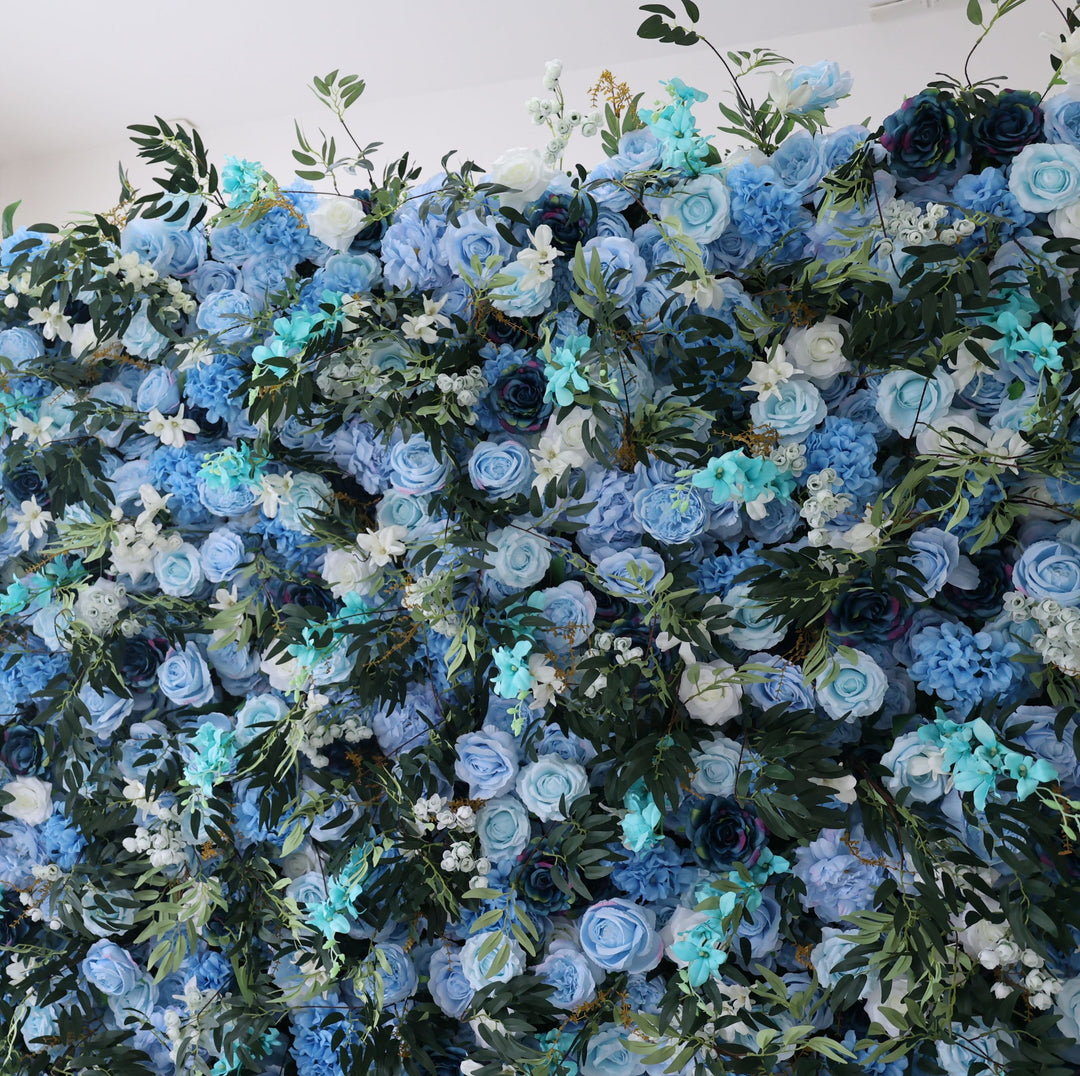 Mixed Flowers In Blue With Eucalyptus Leaves, 5D, Fabric Backing Artificial Flower Wall