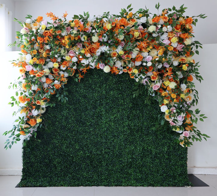 Mixed Flowers In Orange With Green Grass, 5D, Fabric Backing Artificial Flower Wall