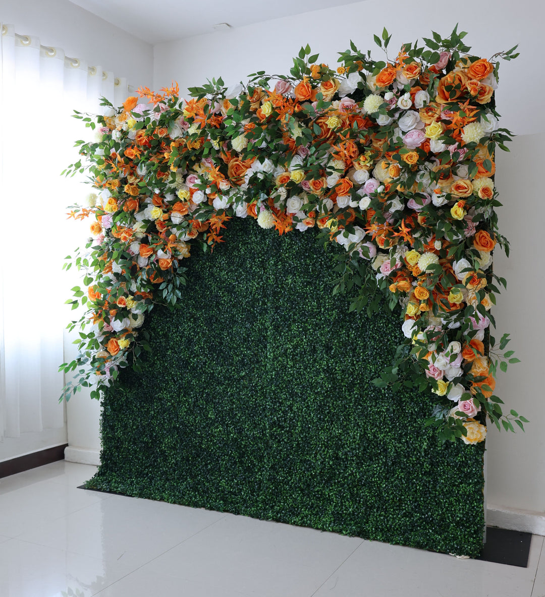 Mixed Flowers In Orange With Green Grass, 5D, Fabric Backing Artificial Flower Wall