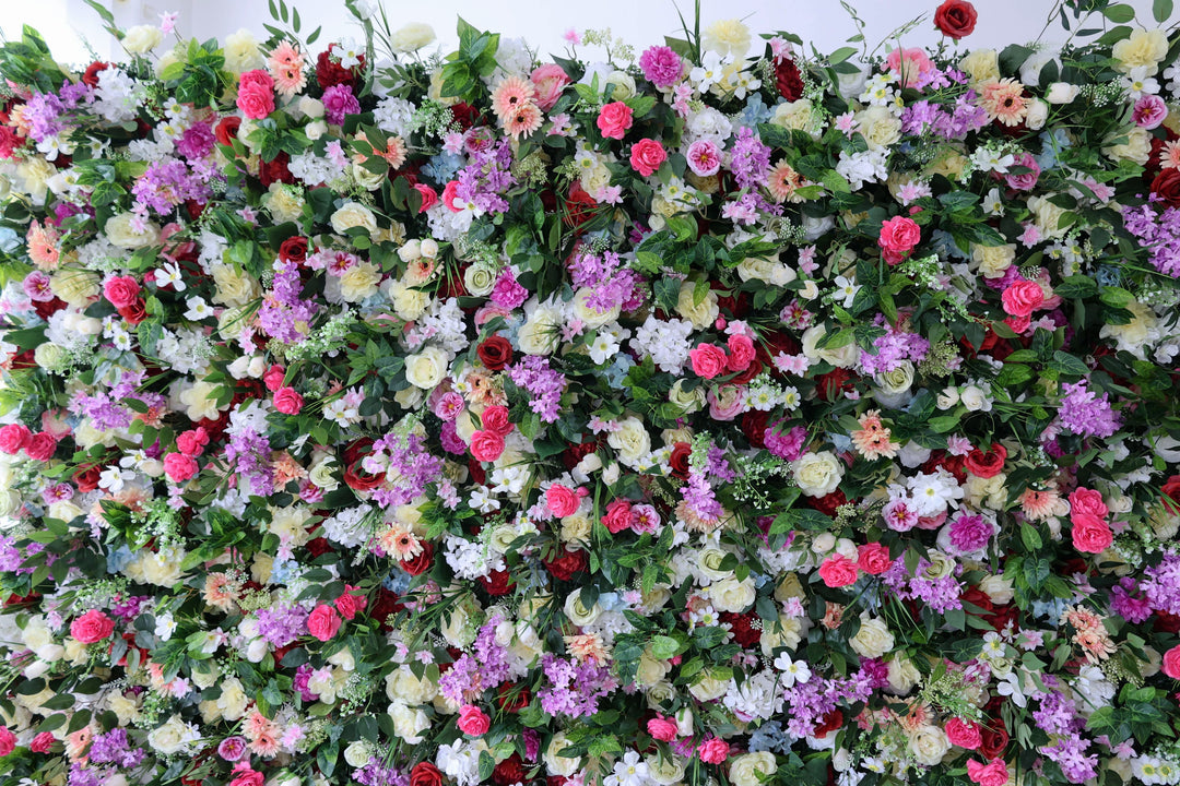 Mixed Flowers In Purple And Magenta With Leaves, 5D, Artificial Flower Wall