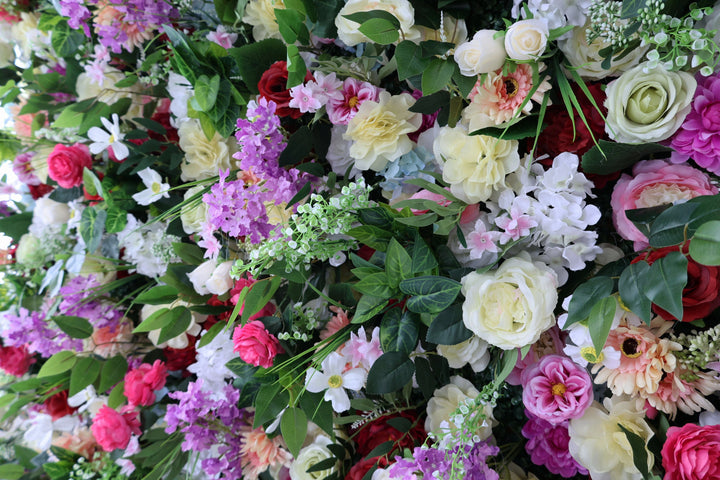 Mixed Flowers In Purple And Magenta With Leaves, 5D, Artificial Flower Wall