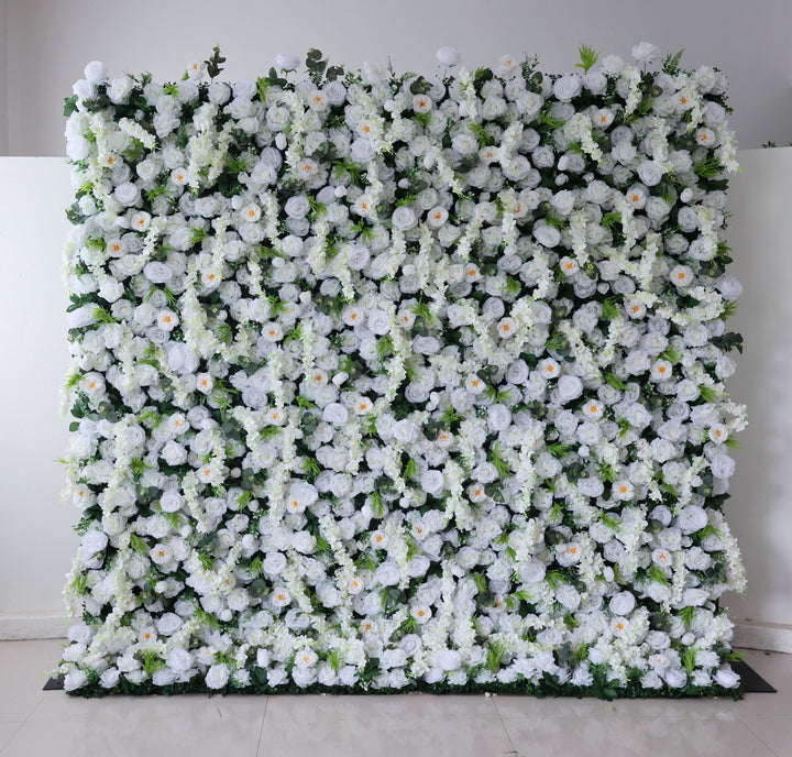 Mixed Flowers In White With Vine, 5D, Fabric Backing Artificial Flower Wall