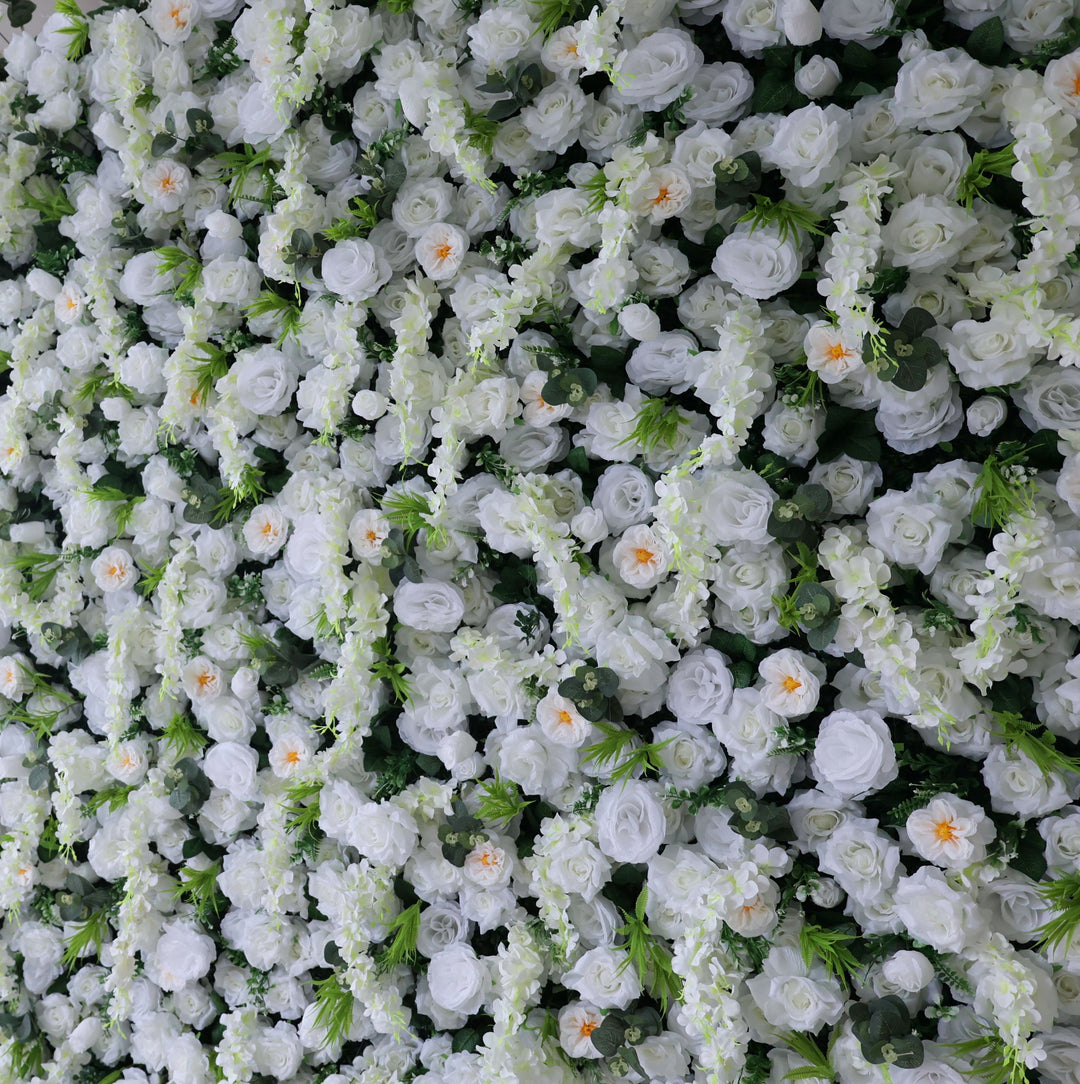 Mixed Flowers In White With Vine, 5D, Fabric Backing Artificial Flower Wall