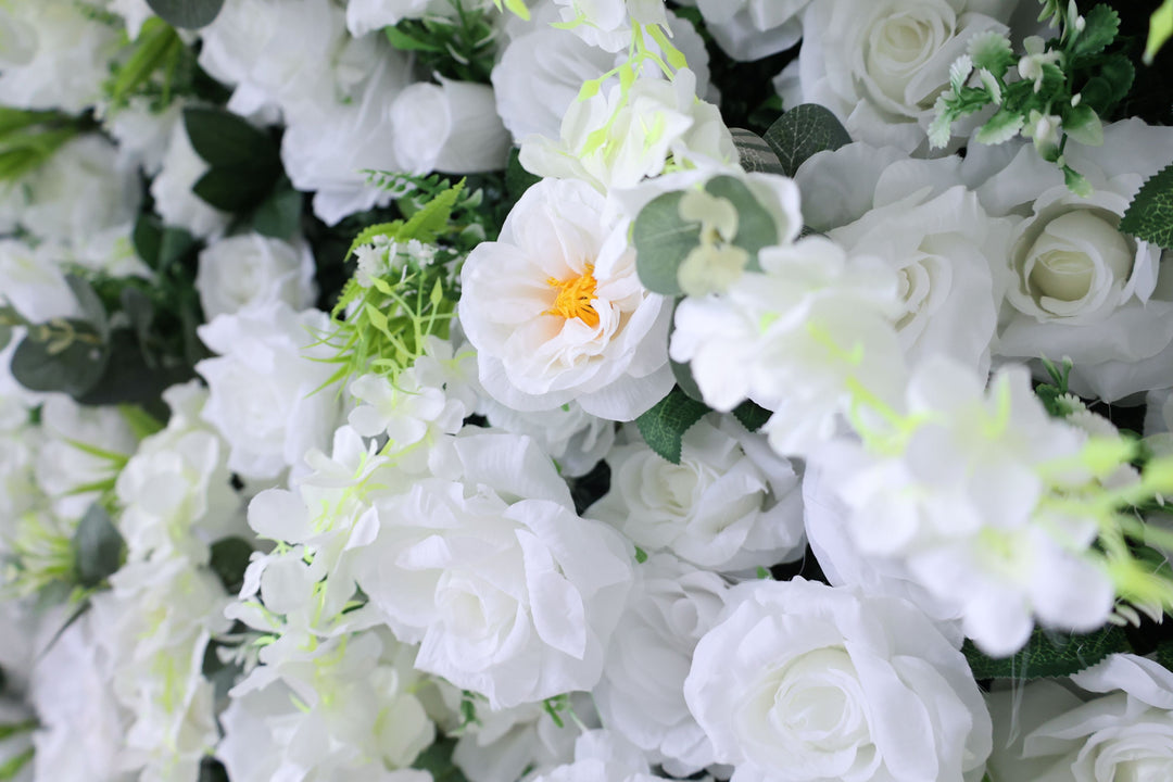 Mixed Flowers In White With Vine, 5D, Fabric Backing Artificial Flower Wall