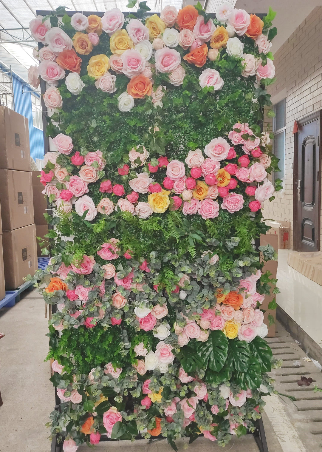 Mixed Color Roses And Green Leaves, Artificial Flower Wall, Wedding Party Backdrop