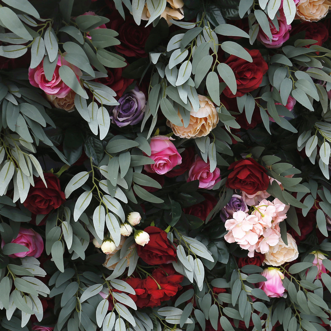 Red Purple Roses With Green Leaves, Artificial Flower Wall, Wedding Party Backdrop