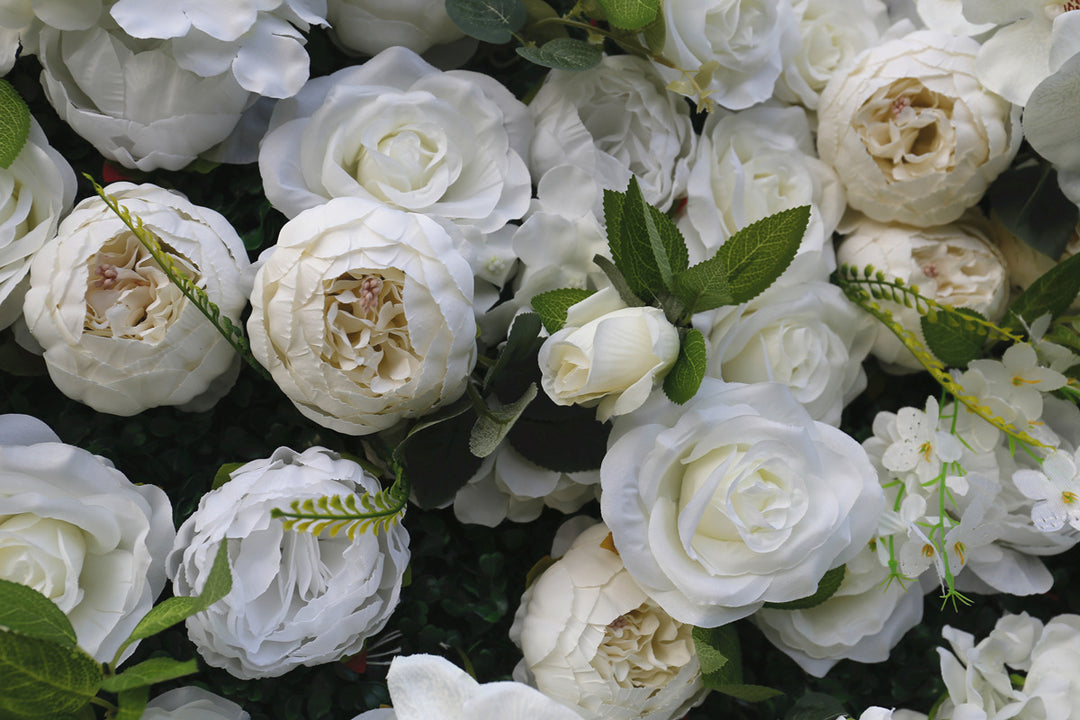 White Peonies Hydrangea Green Leaves, Artificial Flower Wall, Wedding Party Backdrop