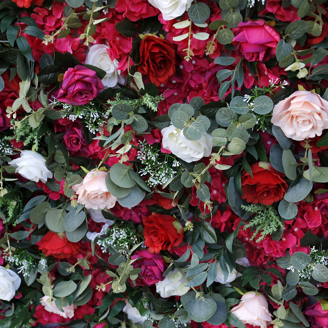 White Pink Roses Green Eucalyptus Branches, Artificial Flower Wall, Wedding Party Backdrop