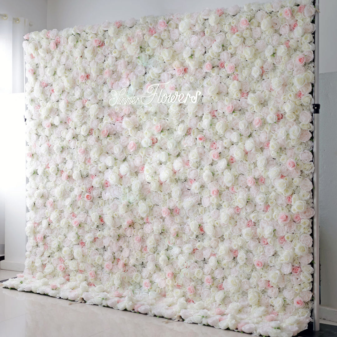 Luxury White Roses Light Pink Roses 5D, Fabric Backing, Artificial Flower Wall Backdrop