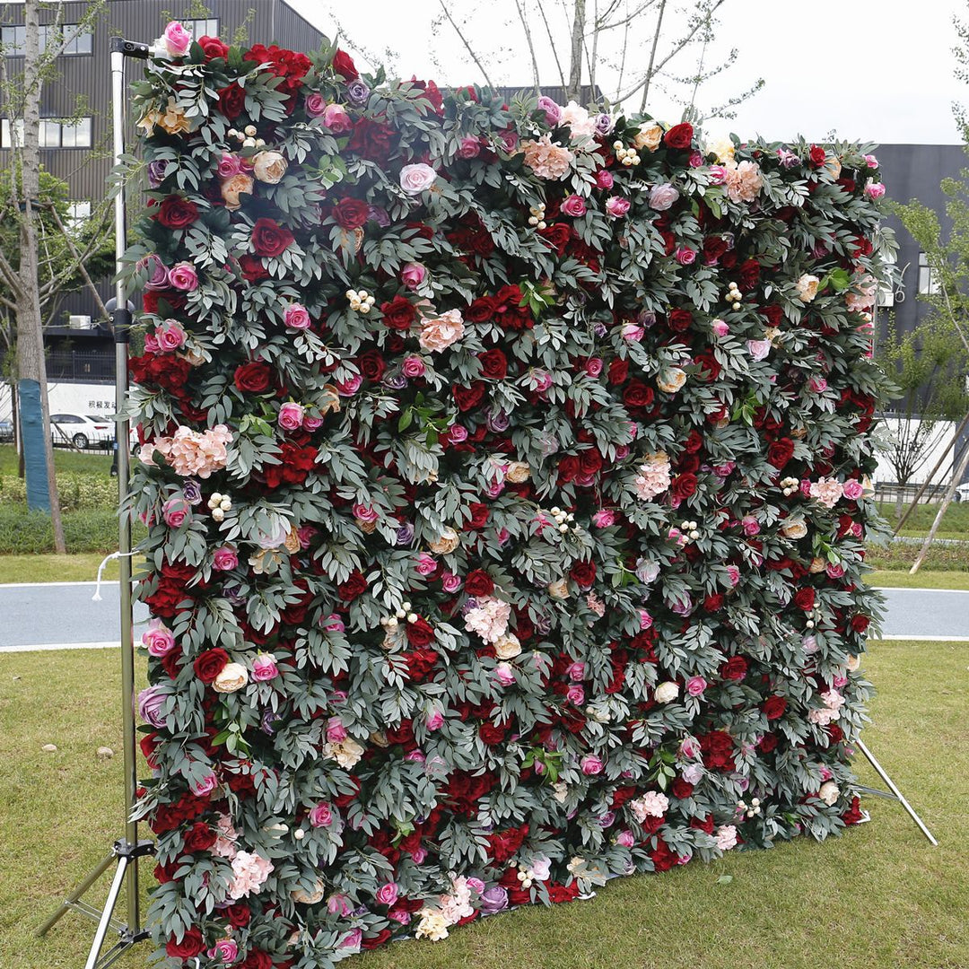 Red Purple Roses With Green Leaves, Artificial Flower Wall, Wedding Party Backdrop