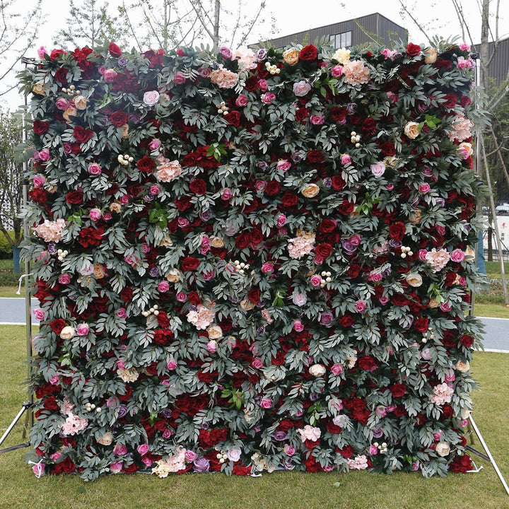 Red Purple Roses With Green Leaves, Artificial Flower Wall, Wedding Party Backdrop