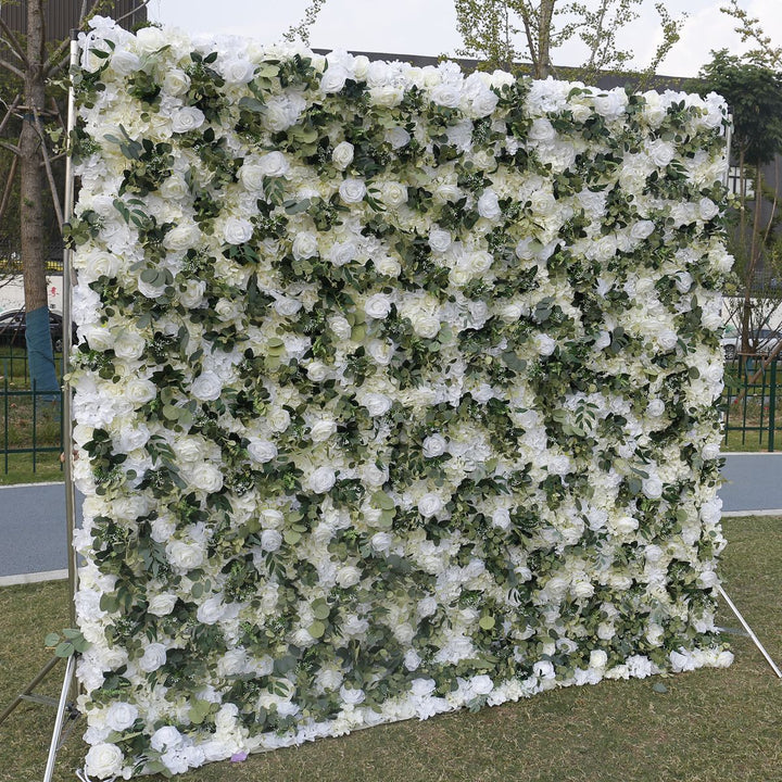 White Roses Hydrangeas Green Eucalyptus Branches, Artificial Flower Wall Backdrop