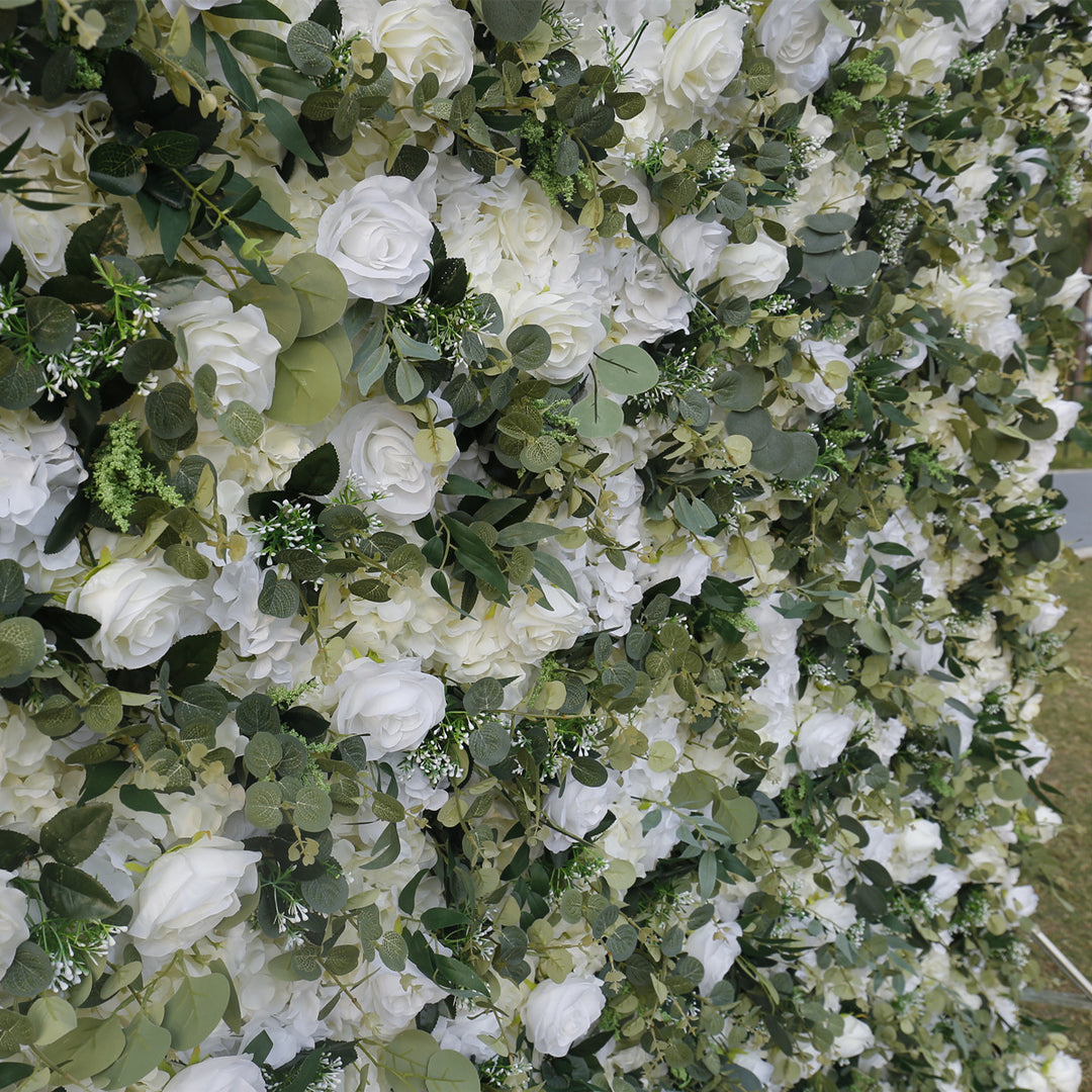 White Roses Hydrangeas Green Eucalyptus Branches, Artificial Flower Wall Backdrop