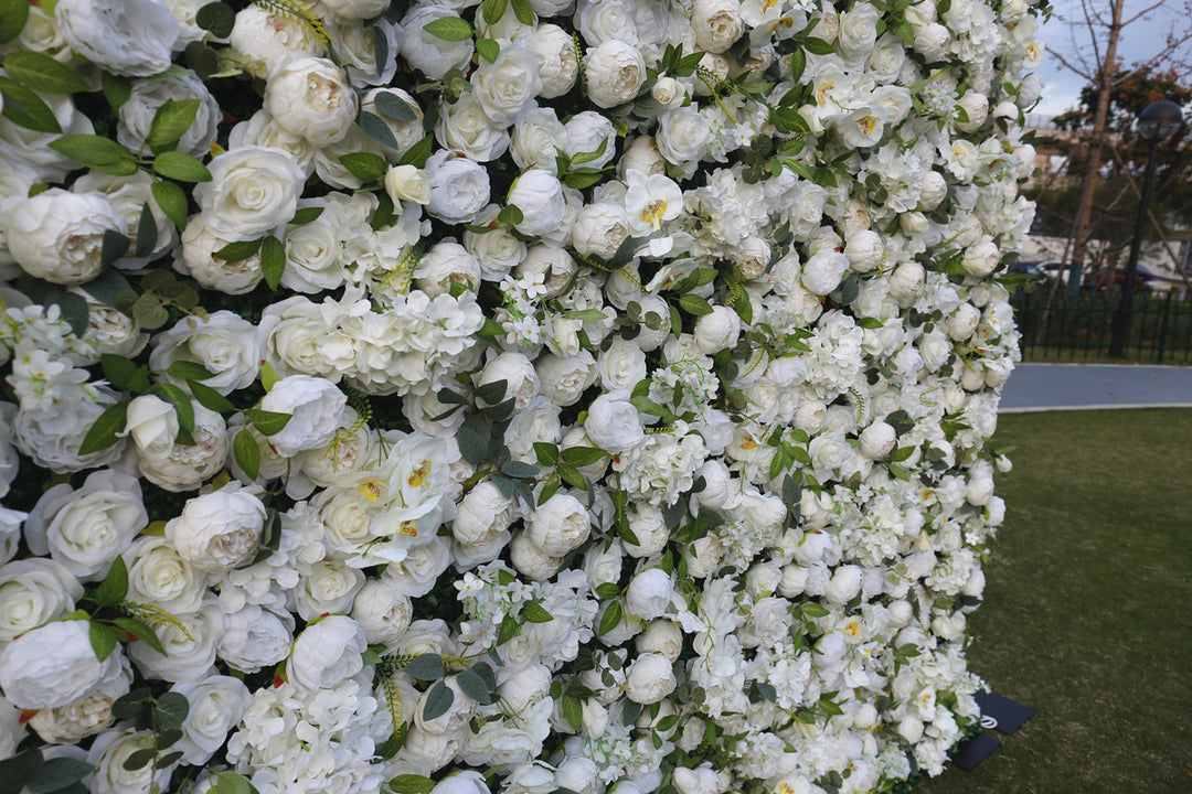 White Peonies Hydrangea Green Leaves, Artificial Flower Wall, Wedding Party Backdrop