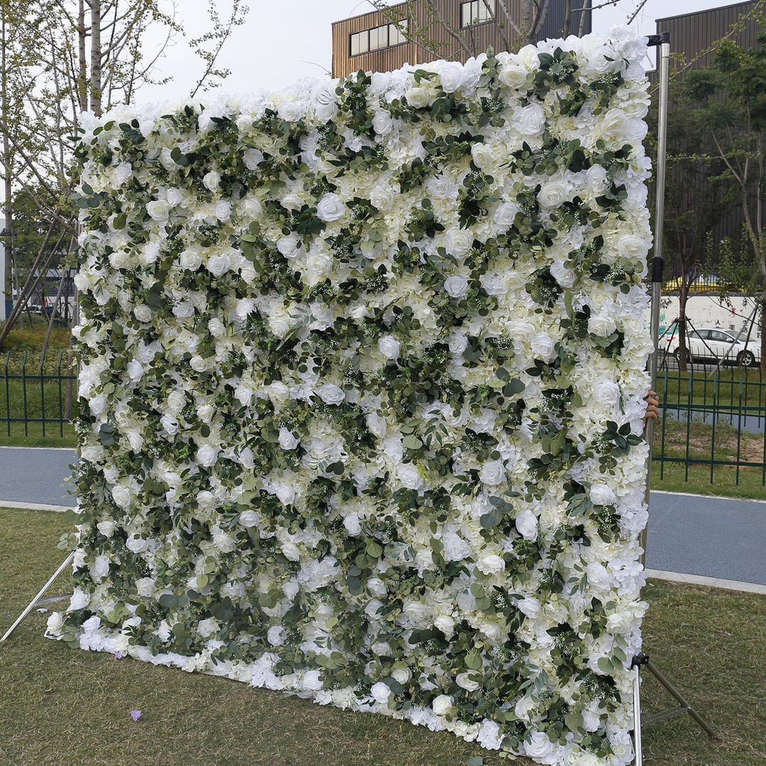 White Roses Hydrangeas Green Eucalyptus Branches, Artificial Flower Wall Backdrop