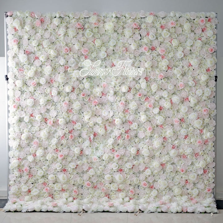 Luxury White Roses Light Pink Roses 5D, Fabric Backing, Artificial Flower Wall Backdrop