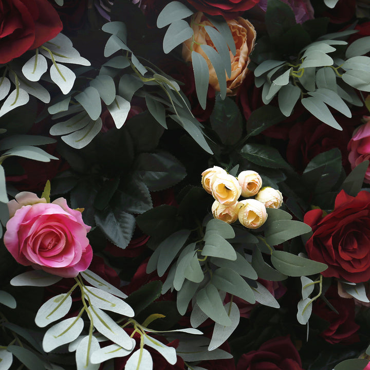 Red Purple Roses With Green Leaves, Artificial Flower Wall, Wedding Party Backdrop