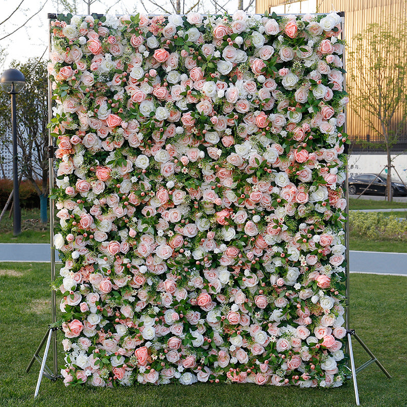 Light Pink White Roses Green Leaves Artificial Flower Fake Flower Wall Background