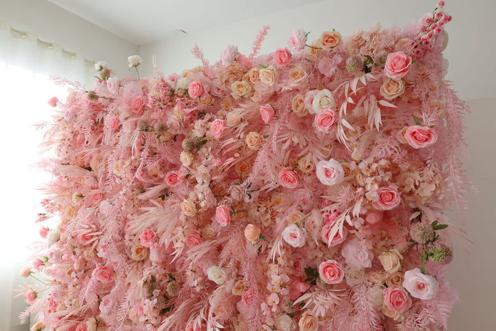 Pink Rose, Reed Pampas Grass, Artificial Flower Wall, Wedding Party Backdrop