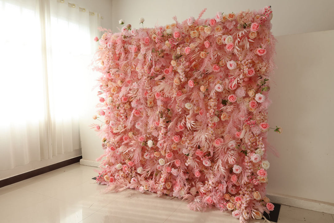 Pink Rose, Reed Pampas Grass, Artificial Flower Wall, Wedding Party Backdrop