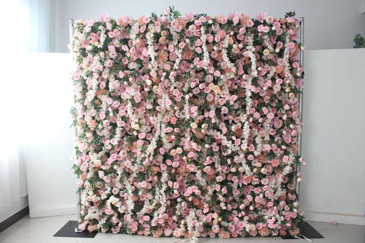 Pink Roses And Green Leaves, Artificial Flower Wall, Wedding Party Backdrop