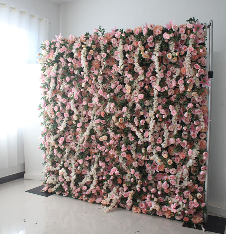 Pink Roses And Green Leaves, Artificial Flower Wall, Wedding Party Backdrop