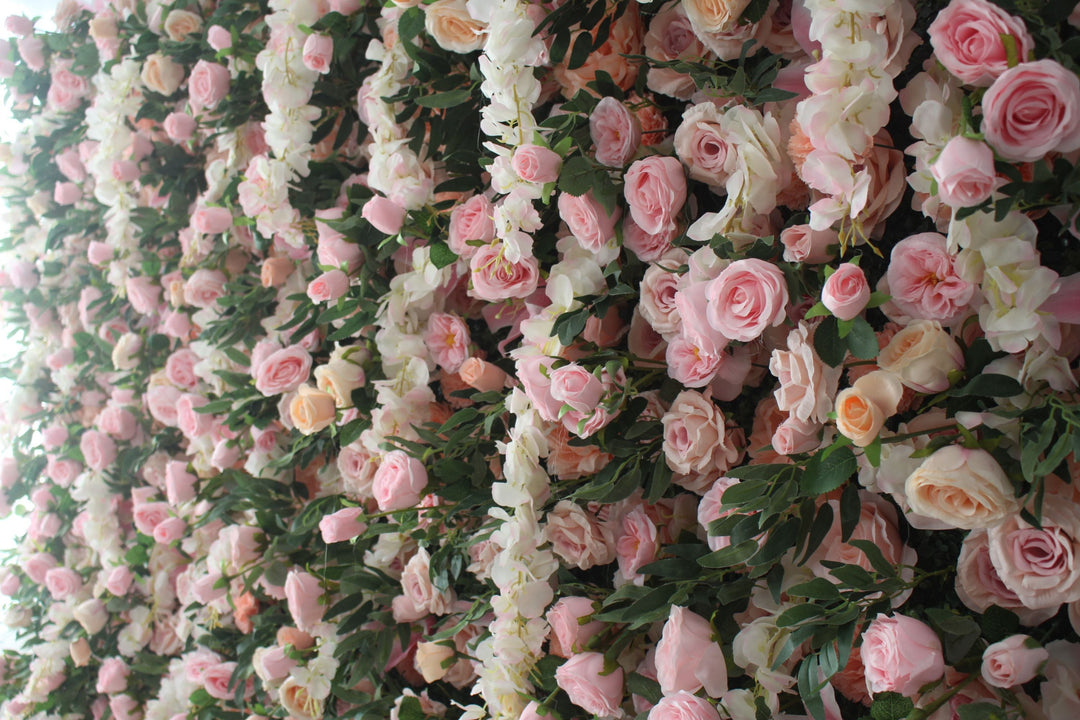 Pink Roses And Green Leaves, Artificial Flower Wall, Wedding Party Backdrop