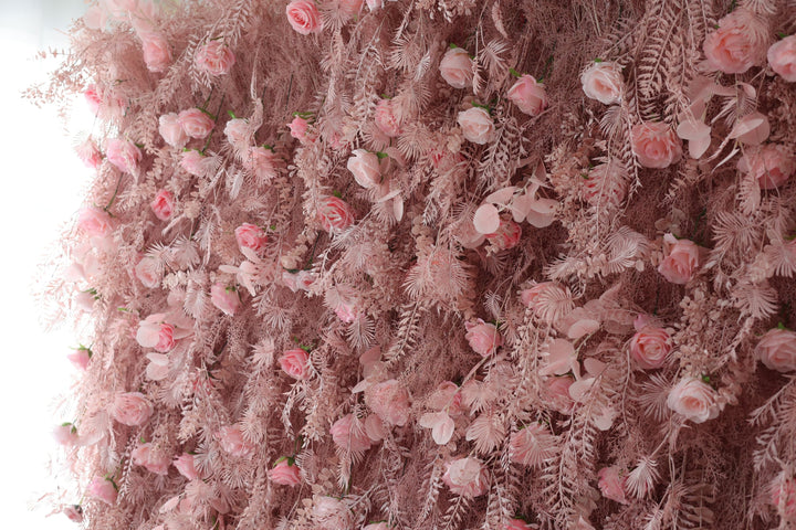 Pink Roses And Silk Fern, Artificial Flower Wall, Wedding Party Backdrop