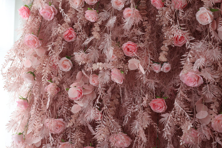 Pink Roses And Silk Fern, Artificial Flower Wall, Wedding Party Backdrop