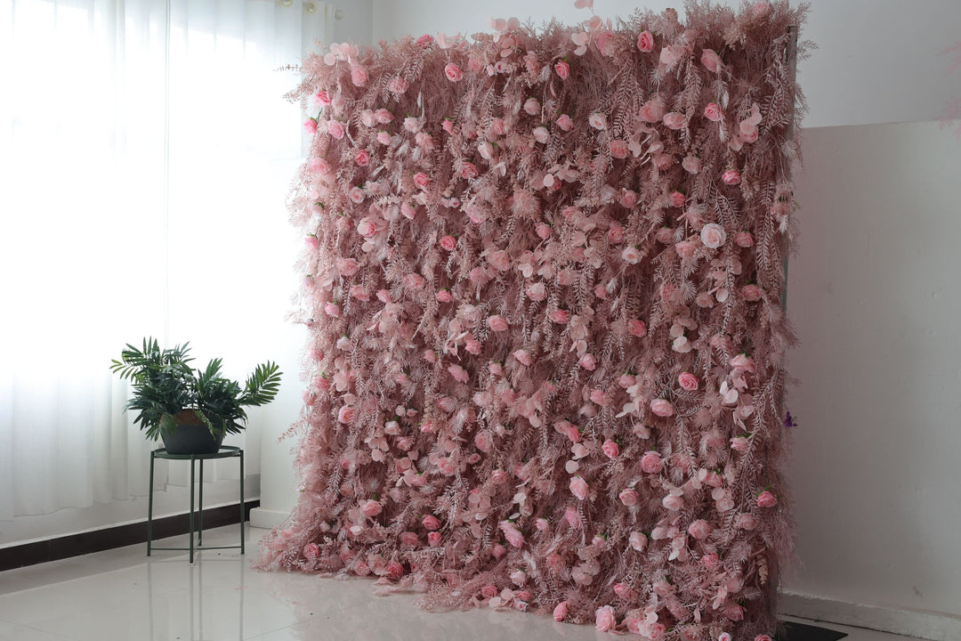 Pink Roses And Silk Fern, Artificial Flower Wall, Wedding Party Backdrop