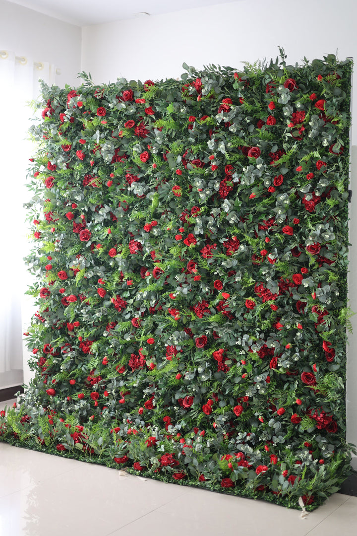 Red Roses And Silk Fern And Green Leaves, Artificial Flower Wall, Wedding Party Backdrop