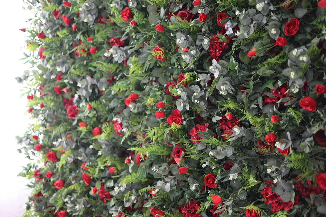 Red Roses And Silk Fern And Green Leaves, Artificial Flower Wall, Wedding Party Backdrop