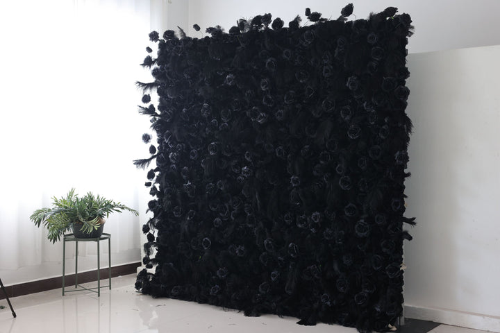 Black Roses And Feather, Artificial Flower Wall, Wedding Party Backdrop